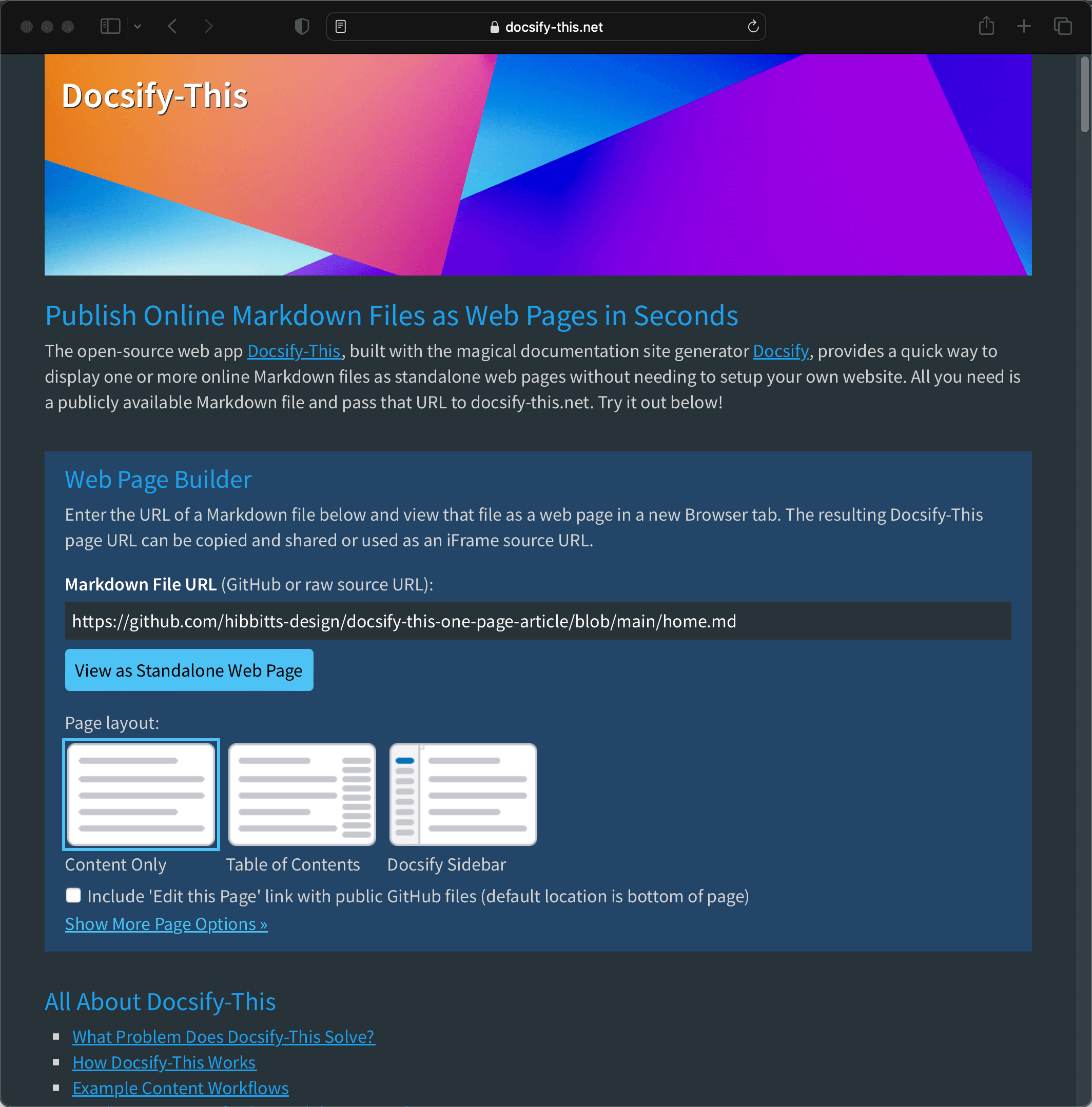 Docsify-This Web app in dark mode screenshot